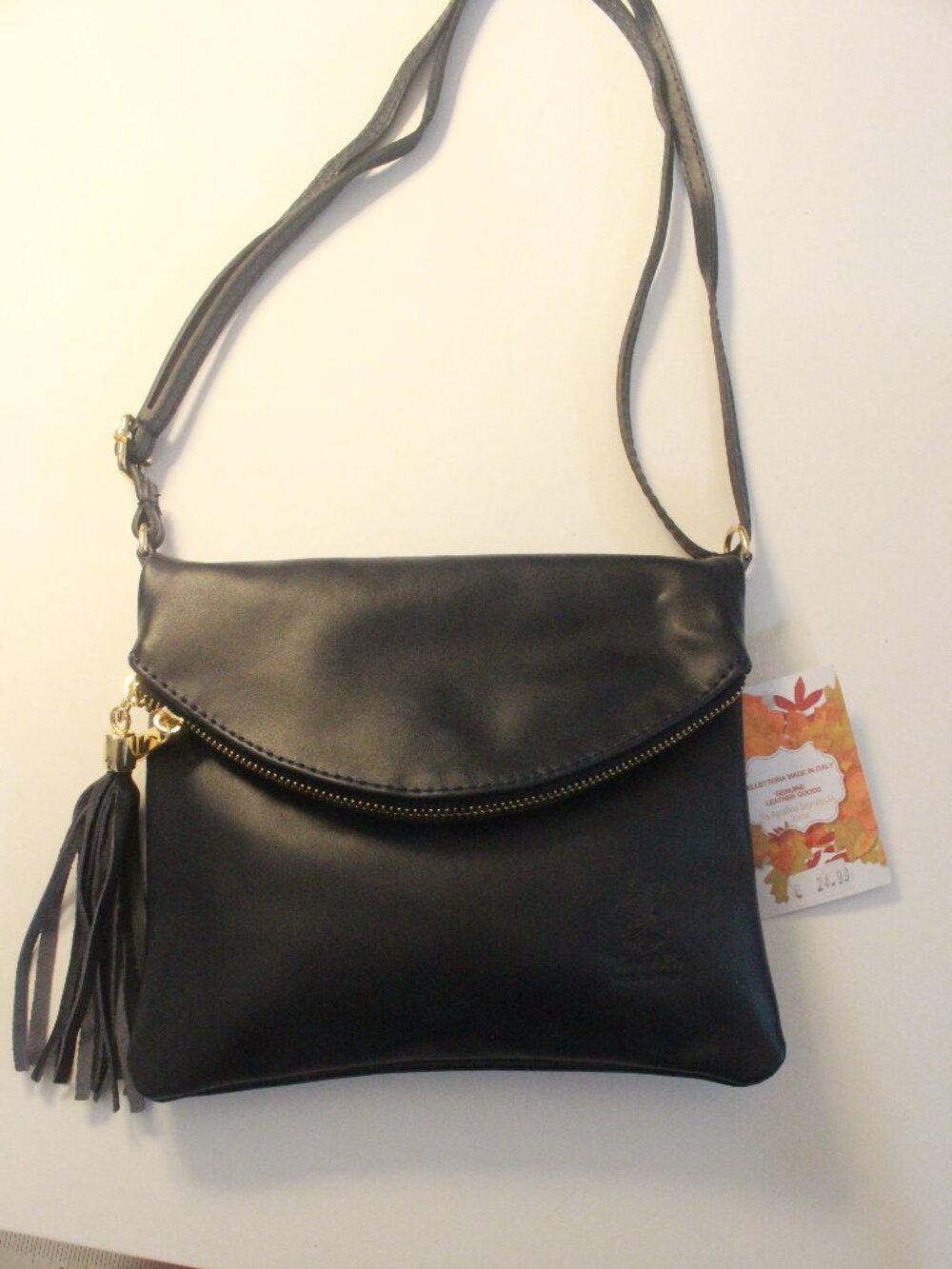 Italian Leather Black Tassel Flap Crossbody Bag